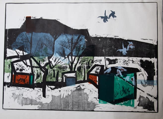 Image 1 of the artwork "Winterlandschaft mit Dorf und Vögeln (19/28)" by Jaroslav Chudomel on art24