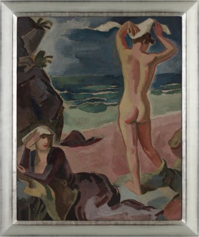 Bild 1 des Kunstwerks "Stilisierter stehender Rückenakt und Sitzende am Strand" von Rudolf (auch Rudolph) Urech auf art24