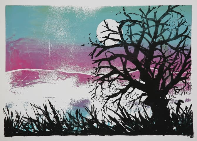 Image 1 of the artwork "Bäume in der Landschaft in Blau und Pink" by Hans Binz on art24