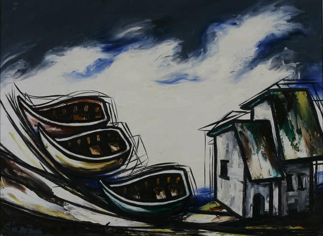 Image 1 of the artwork "3 Boote und Fischerhaus am Strand" by Maximilian Hilpert on art24