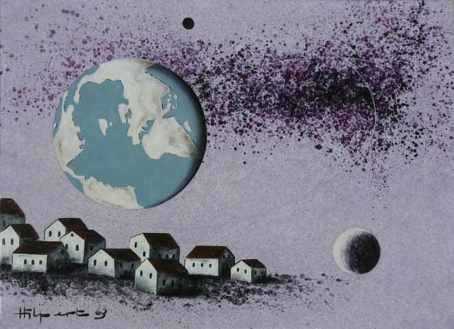 Image 1 of the artwork "Schwebende Erde mit Milchstrasse und Planeten über Dorf" by Maximilian Hilpert on art24