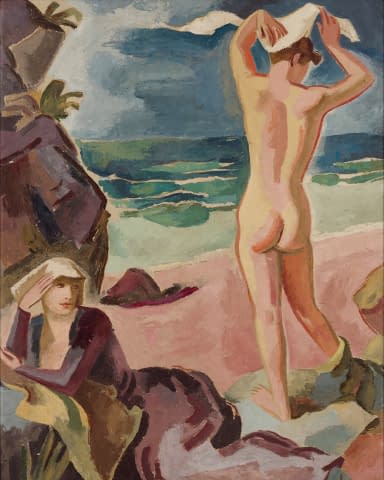 Bild 2 des Kunstwerks "Stilisierter stehender Rückenakt und Sitzende am Strand" von Rudolf (auch Rudolph) Urech auf art24