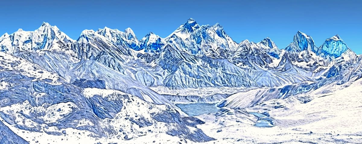 Image 1 of the artwork "Himalaya: Gokyo-See mit Mount Everest, Lhotse, Makalu und Cholatse" by Joe Amberg on art24