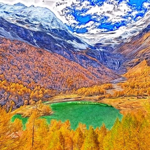 Image 1 of the artwork "Lago Palü auf der Alp Grüm mit Piz Palü" by Joe Amberg on art24