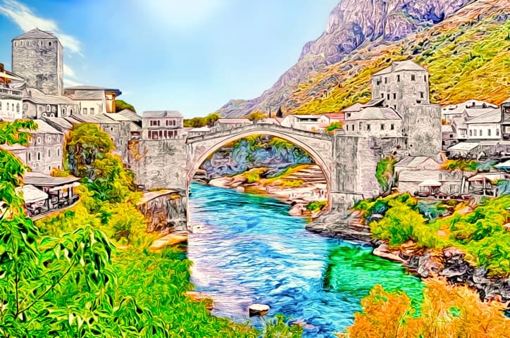 Bild 1 des Kunstwerks "Die alte Brücke von Mostar" von Joe Amberg auf art24