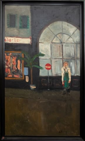 Bild 1 des Kunstwerks "Mann (Metzger) mit Palme und Verbotsschild, vor einem Schaufenster" von Pöldi auf art24