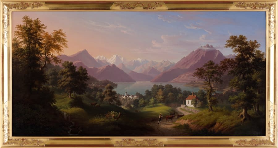 Image 1 de l'œuvre "Landschaft mit Tier- und Figurenstaffage und Blick auf Küssnacht am Rigi und den Vierwaldstättersee" par Anton Winterlin sur art24