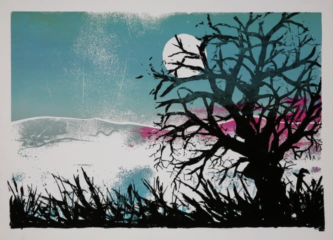 Image 1 of the artwork "Bäume in der Landschaft in Blau und Pink" by Hans Binz on art24