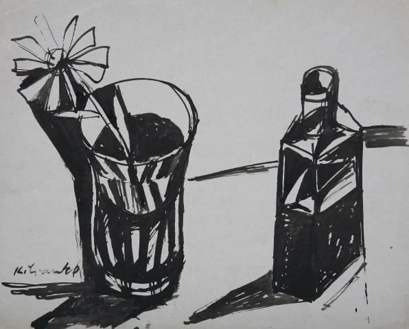 Image 1 of the artwork "Stillleben Blumen in Vase mit Glasflasche" by Josef Kilián on art24