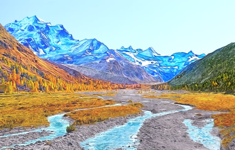 Image 1 of the artwork "Engadin: Val Roseg mit Piz Roseg und Piz Glüschaint" by Joe Amberg on art24