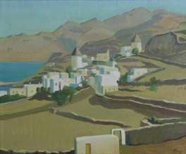 Ansicht griechisches Dorf an Küste mit Windmühlen (vermutl. auf Mykonos)