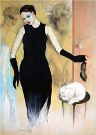 Dame im schwarzen Kleid mit weisser Katze